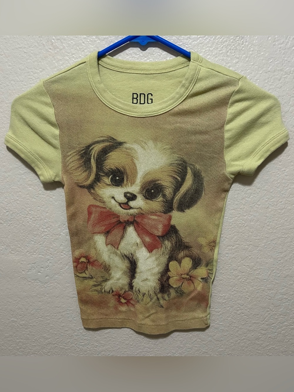 Y2K BDG Light Green Puppy Graphic Dog Tee with Red Bow Size XS